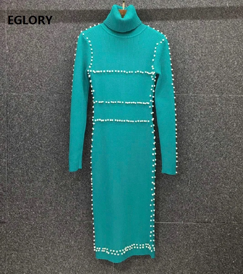 

Turtleneck Sweater Dress 2020 Autumn Winter Casual Knitwear Women Hand Made Beading Deco Long Sleeve Pink Green Knitted Dress