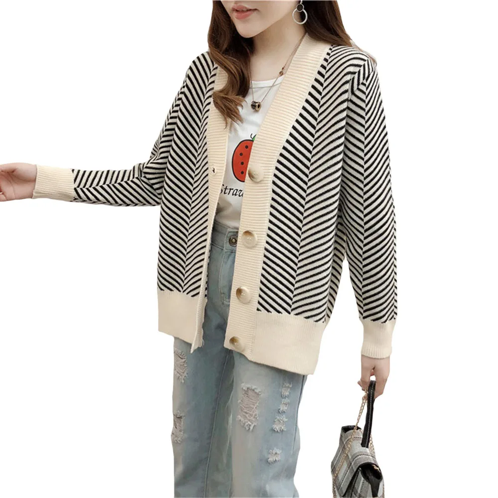 

Casual Ladies Knit Cardigan Striped V-neck Single-BreaSted Loose Sweater Coat Autumn And Winter Casual Wild Ladies Knit Cardigan
