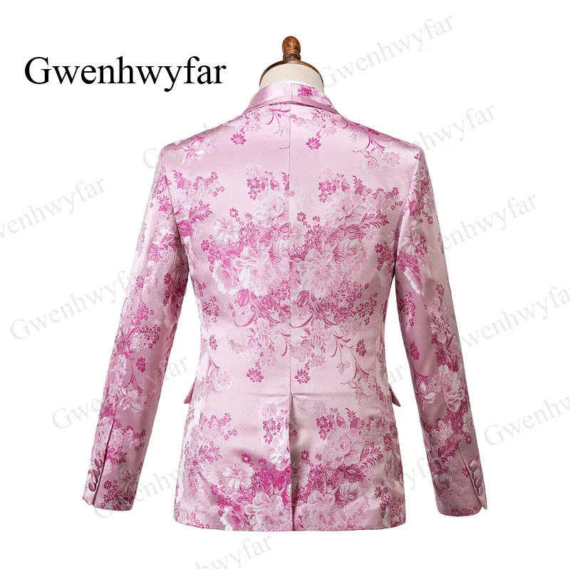 Gwenhwyfar Pink Men Tuxedos Floral 3 Pcs Slim Fit Shawl Lapel with Pipping Shinny Pants Male Party Tuxedos