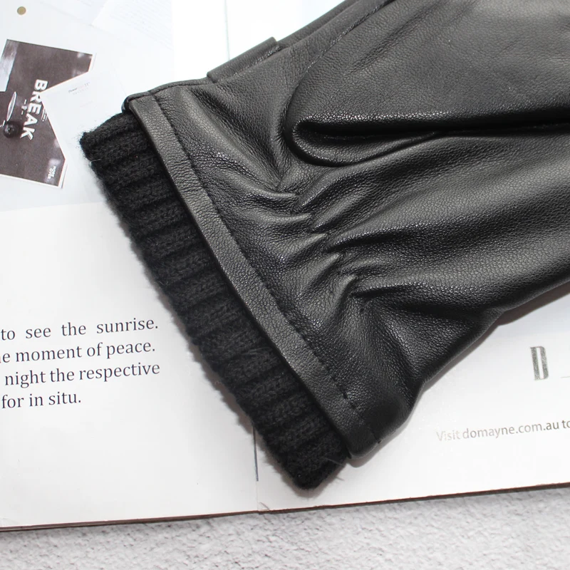 High-quality sheepskin touch screen gloves men's new corrugated wool knitted warm velvet motorcycle driving leather gloves