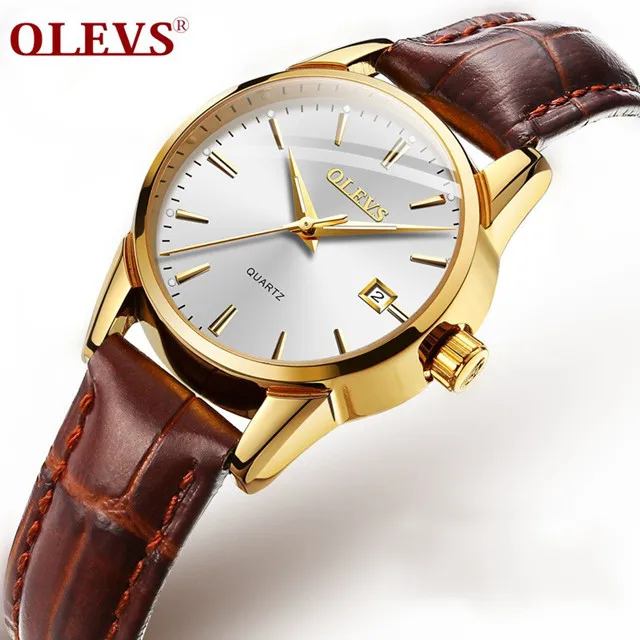 Women Brown White OLEVS, пара часов, Роскошные, простые, день, дата, наручные часы, водонепроницаемые часы, мужские, женские, светящиеся, кожаный ремешок, кварцевые часы - Цвет: Women Brown White