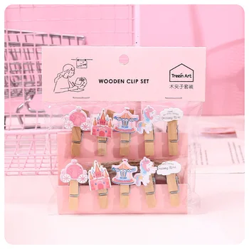 

10 Pcs/Set Cute Unicorn Castle Paradise Photo Clips Cartoon Wooden Clip Party Decoration Clip with Hemp Rope