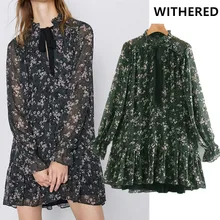 Withered engand style elegant vintage bow floral printing cascading mini dress women vestidos de fiesta de noche vestidos blazer