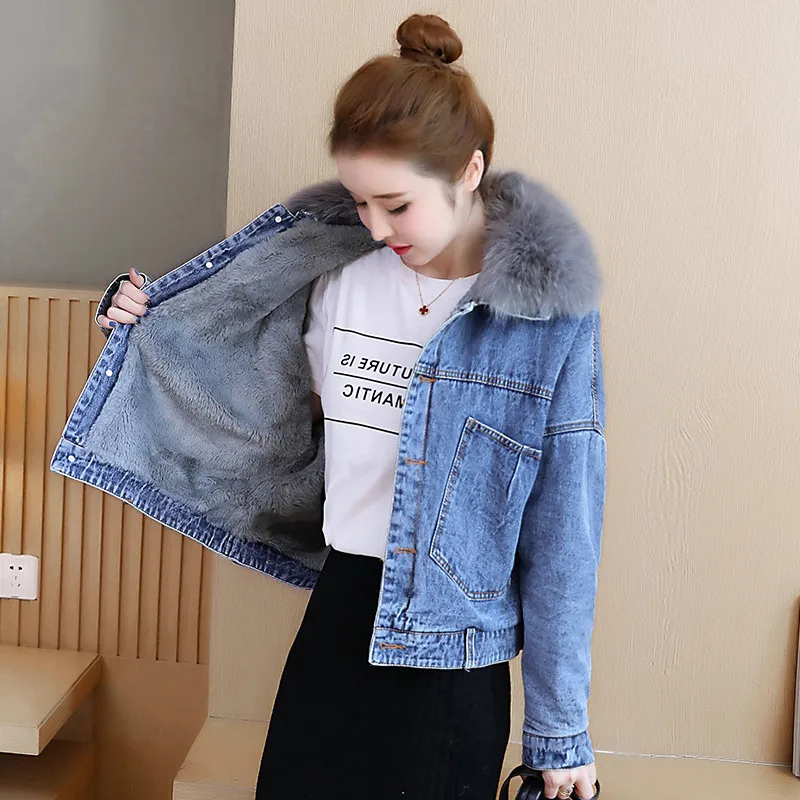 

Winter Women's 2019 New Style Thick Lamb's Wool Jeans Coat Large Fur Collar Cotton Coat Short Loose-Fit BF Cotton Overcoat