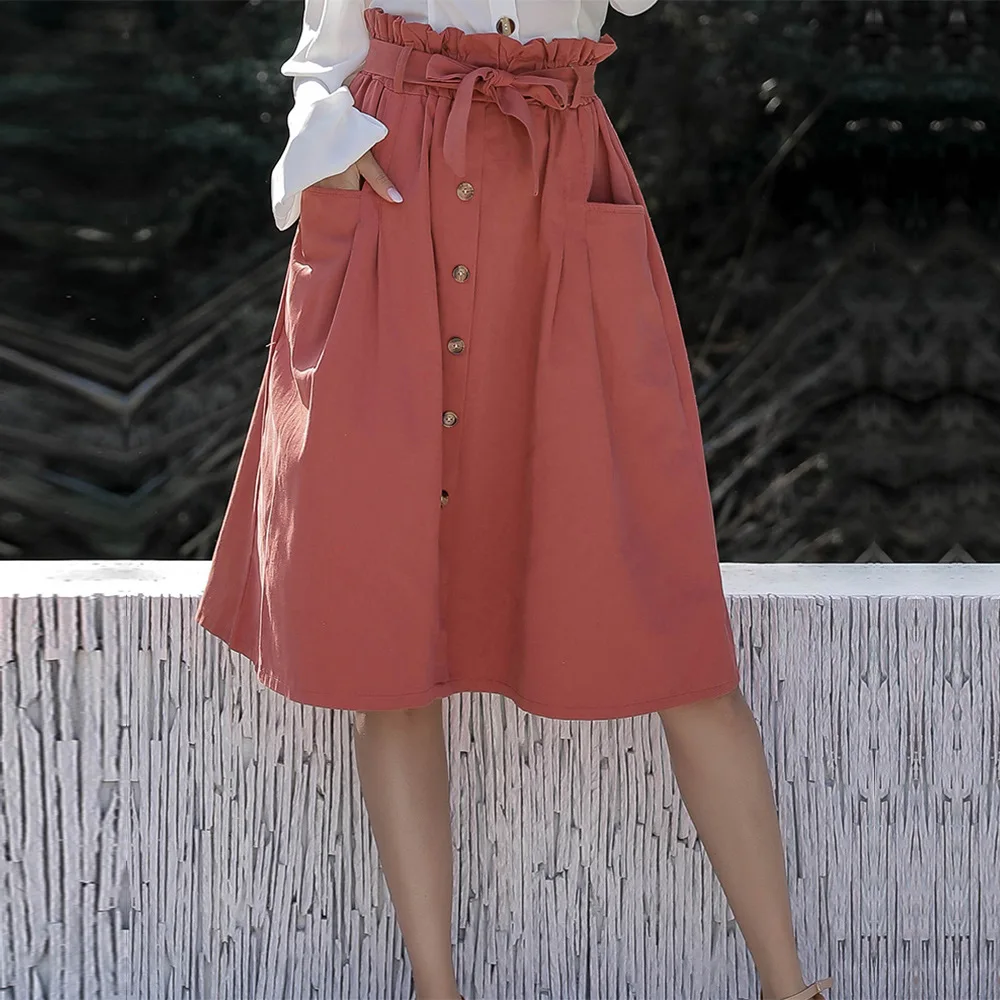

Women Casual Pocket Solid Color Skirt Summer High Waist Single Breasted Skirt Fashion Button Decoration Skirt for Ladies Girls