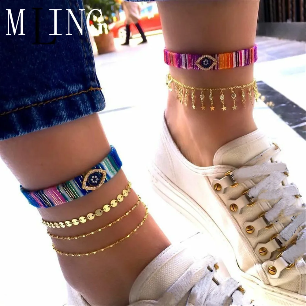 MLING 4 Pcs/Set Vintage Gold Alloy Anklet Set Bohemian Handmade Weave Crystal Eye Star Sequin Tassel Ankle for Women MLING 4 Pcs/Set Vintage Gold Alloy Anklet Set Bohemian Handmade Weave Crystal Eye Star Sequin Tassel Ankle for Women