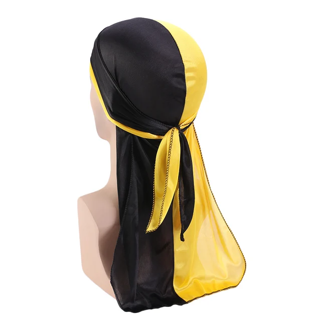 Men's Silky Durags Bandanas Turban hat Wigs Doo Men Satin Durag Biker Headwear Headband Hair Accessories Extra Long Tail Du-Rag Adult  Black yellow