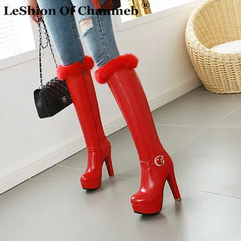

Women Knee High Boots Plush Fur Woman Snow Long Botas Ladies Fashion Warm Winter Woman Buckle Platform Shoes Footwear Size 33-48