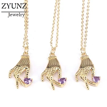 

10PCS, Gold Color Fashion Jewelry Women's Hamsa Hand With Heart Zirconia Pendant Charms Necklace
