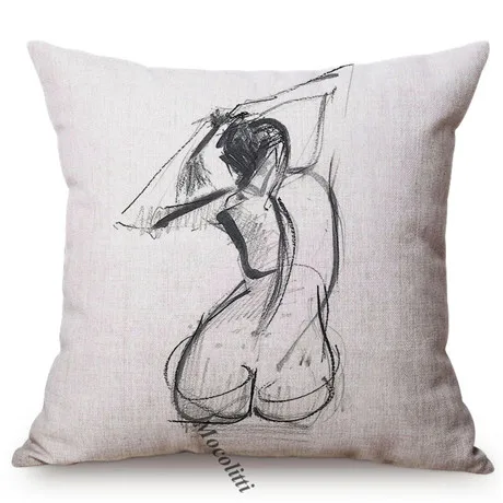 Black and White Sexy Woman Sketch Painting Art Decorative Throw Pillow Case Senior Restaurant Museum Gallery Sofa Cushion Cover M080-2