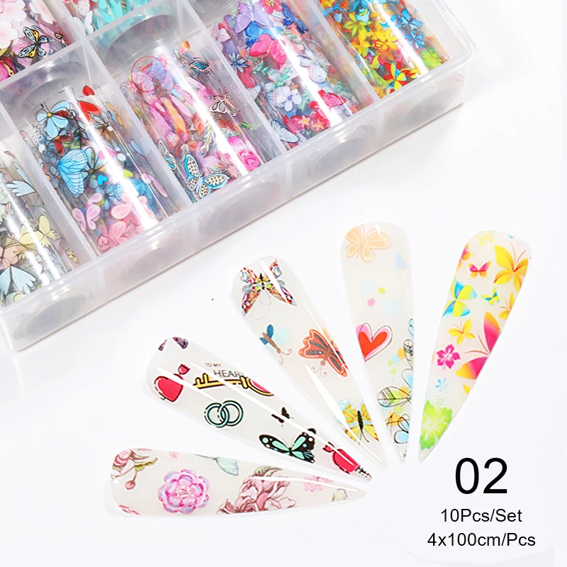 10 цветов/набор, Цветочные наклейки из фольги для ногтей, цветные, смешанные узоры, самоклеющиеся наклейки для ногтей, переводные наклейки для DIY, украшения для ногтей - Цвет: 3