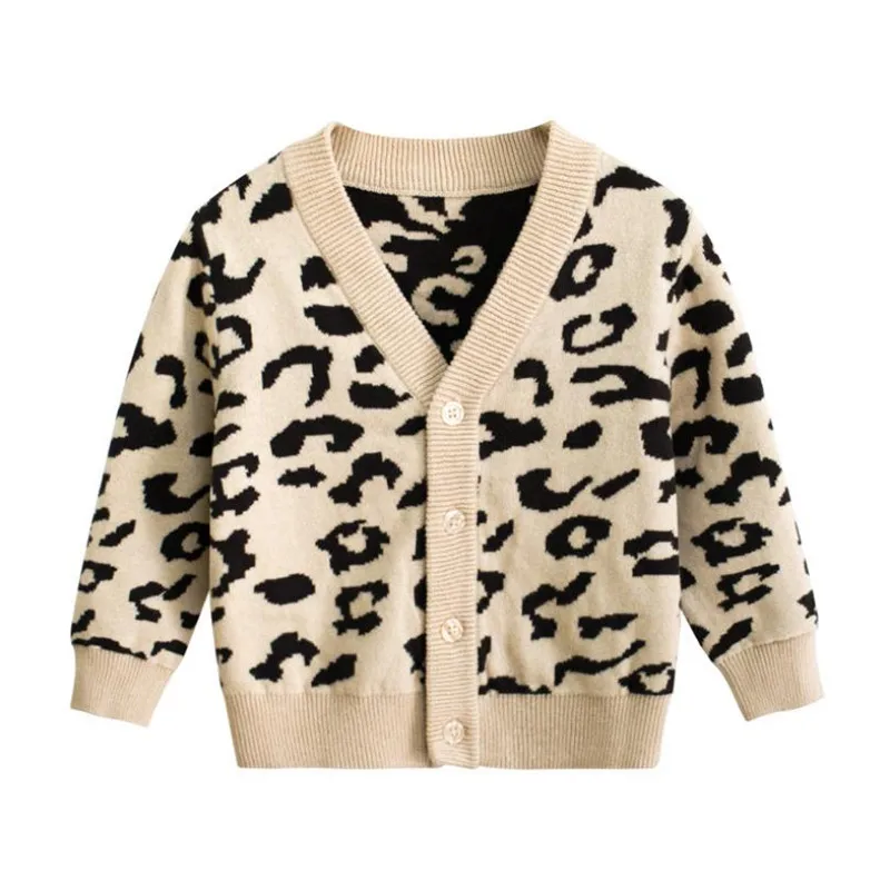 Children Leopard Sweaters New Spring Boys Girls Cotton V-neck Single-breasted Knitted Cardigan Tops 2-8Yrs Toddler Clothes