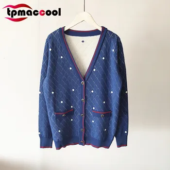 

Tpmaccool luxury designer brand logoed Spring women Polka Dot Thin V-neck Single Breasted Long-Sleeved Knitted Cardigan sweater