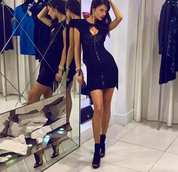 

New Designer Tassel Bandage Dress Sequined Cutout O Neck Vestidos Bodycon Women Nightclub Party Dresses With Fringe Female Blue