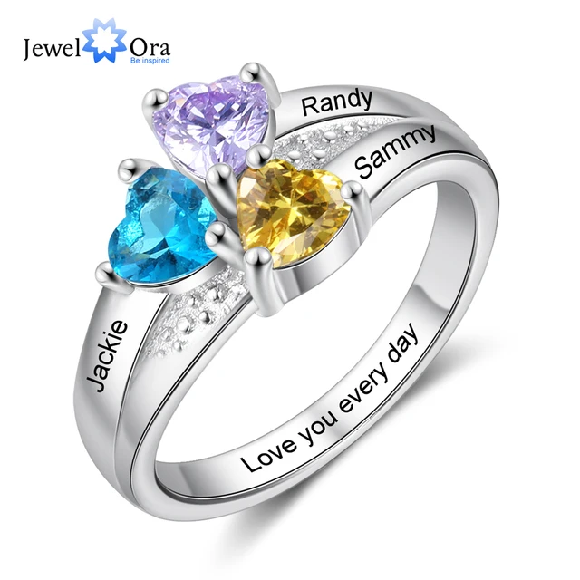 JewelOra Personalized Silver Color Engraved Name Copper Rings for Women Customized 3 Heart Birthstones Wedding Ring Gift for Mom 1