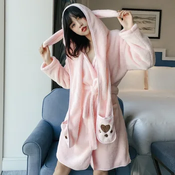 

Autumn and winter cute cartoon hooded coral fleece nightgown two-piece ladies pajamas coral fleece home service removable