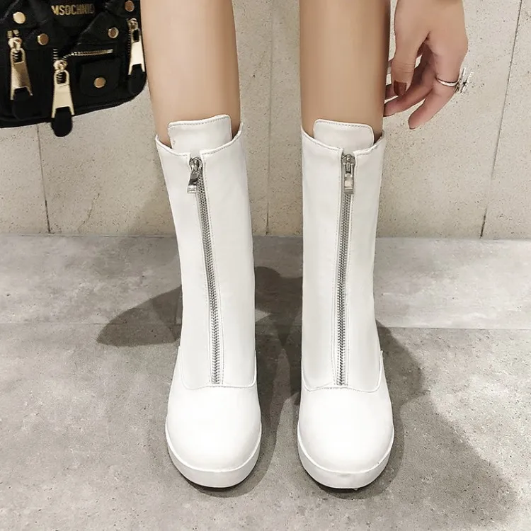 round toe PU leather Mid-Calf boots women low heel Motorcycle bootsboots high quality front zip martin botas zapatos mujer
