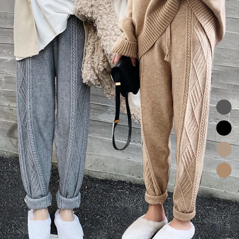 flare pants Women Winter Warm Knitted Pants Casual  Elastic High Waist Thick Chic Harem Ankle-Length Pants Korean Loose Sweater Trousers capri leggings with pockets