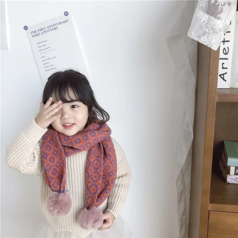 Korean Fashion Vintage Floral Print Winter Scarf Children Fur Ball Cute Knitting Warm Snood Children Neck Scarf Streetwear Shawl
