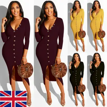 

2019 Fashion In 2019 Womens Wrap V-neck Ribbed Knit Long Sleeve Slim Button Bodycon Jumper Casual Midi Dress