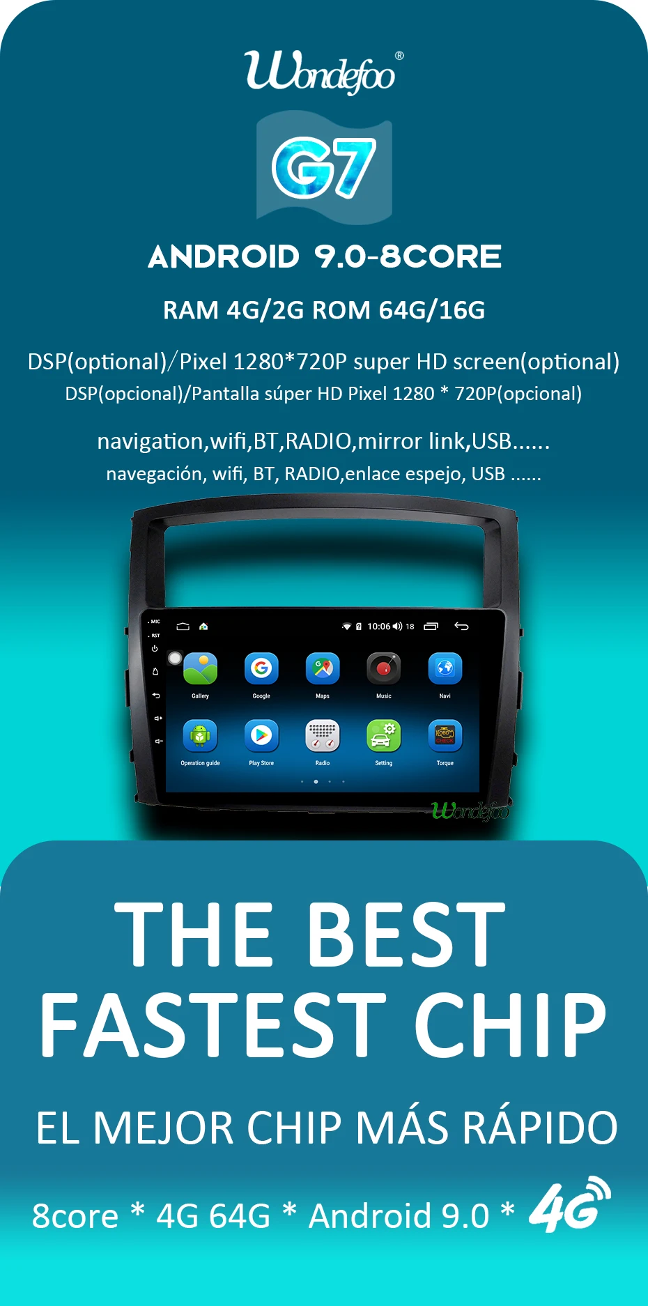 Android 9,0 1280P 4G 64G Carplay Автомобильный gps радио для MITSUBISHI PAJERO V97 V93 2006- навигация DSP ips экран без DVD плеера