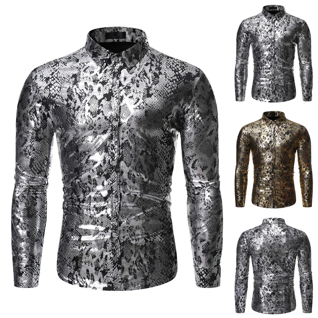 Camisa Masculina мужская новая стильная модная рубашка из полиэстера с серебряным принтом и длинными рукавами 19Aug20 P30