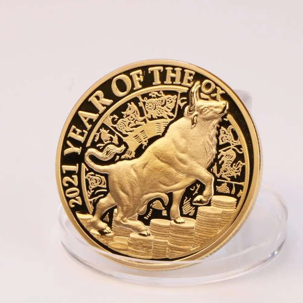 2021 Year Of The Ox Gold Coin New Souvenirs Gifts Lucky Commemorative Coins Medal Bull Symbol Christmas Gift | Дом и сад