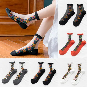 

1 Pairs Women Pattern Socks Breathable Summer Linen Retro Ultra-thin Female Sock Stitching Small Mujer Floral Socks Носки