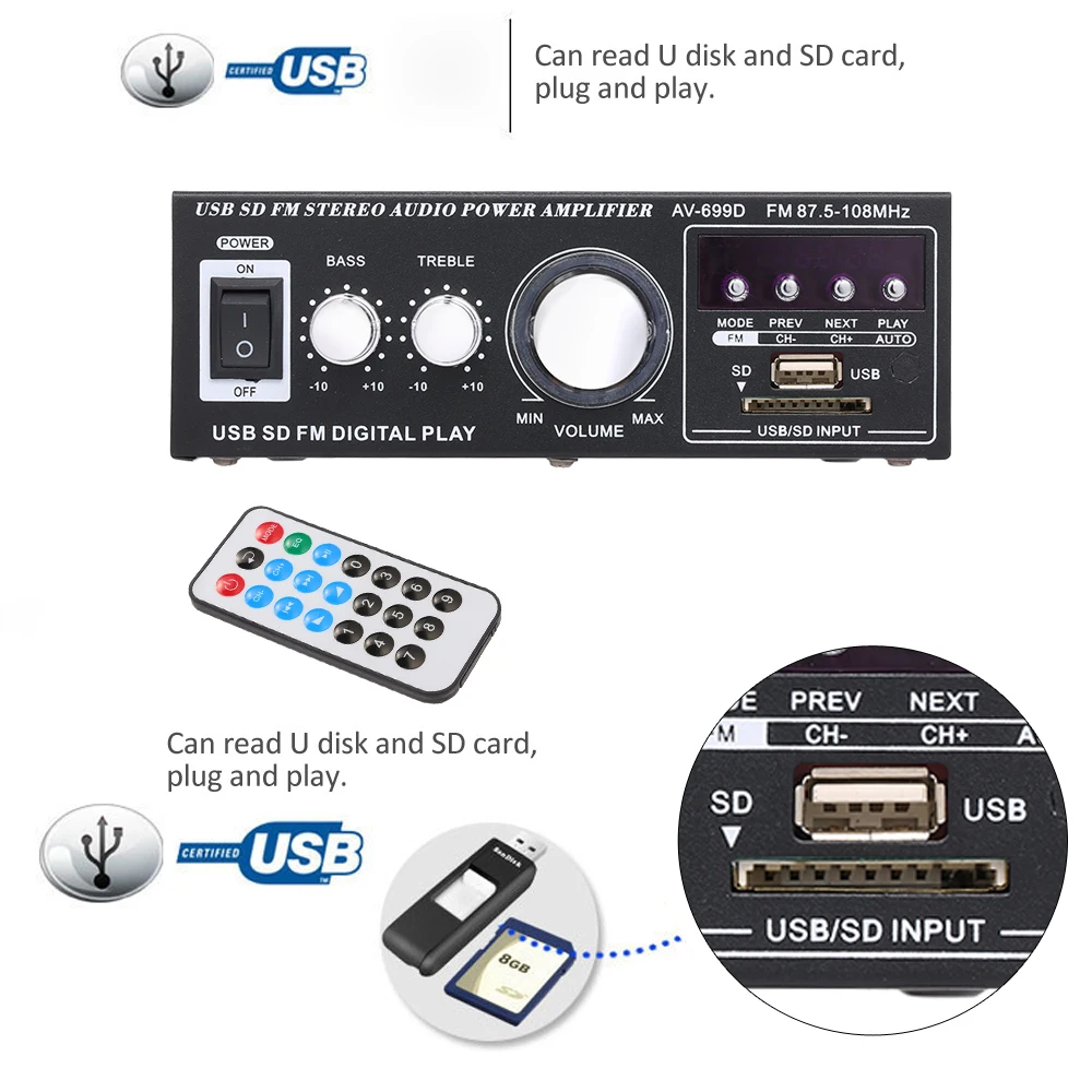 Amplifiers12V/220 В мини стерео аудио усилитель мощности цифровой аудиоприемник AMP слот USB SD fm-радио с пультом дистанционного управления