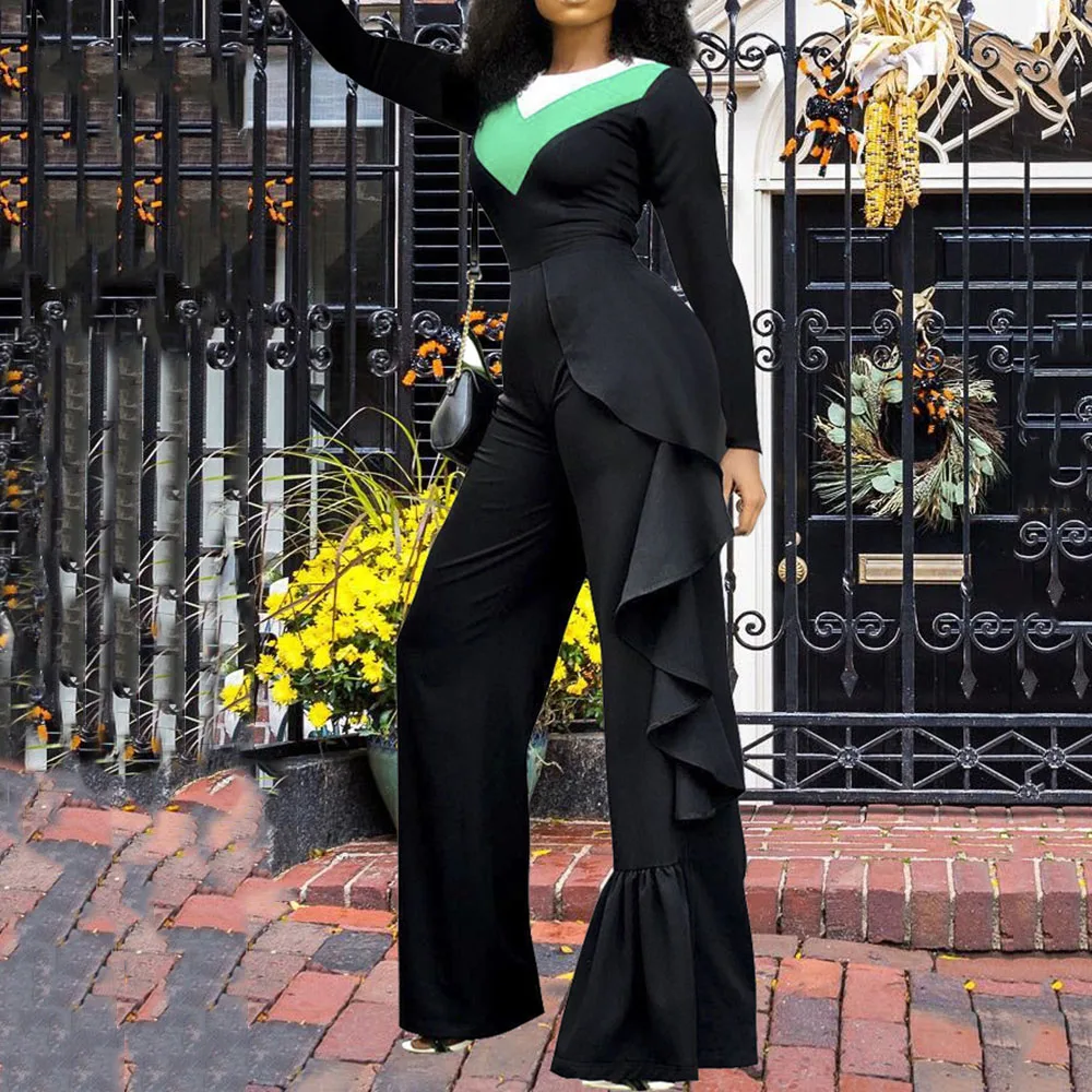

2020 Black Spring Office Ladies Ruffle Jumpsuit Women High Waist African Flare Pants Casual Overalls Female Jumpsuits Rompers