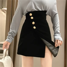 Классная девушка, которую вы носите маленькая черная юбка с завышенной талией и пуговицами короткая Осенняя мини-юбка, маленькая юбка Jupe Courte Faldas Cort