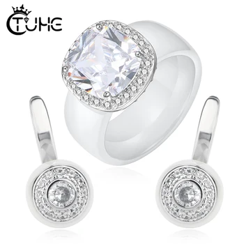 

Fashion New Women's Square Zircon Round Rings Stud Earrings Women Jewlery Sets Made With Ceramic Wedding Jewelry Set Christmas