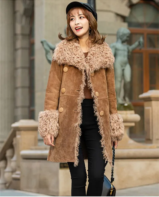 CAMEL Suede Outside Natural Fur Collar Women's Winter Jackets With Belt Vintage Style Jackets Women Fashion Dropshipping Jacket - Цвет: CAMEL