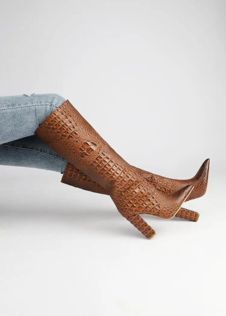 Olomm Handmade Women Knee High Boots Square High Heels Boots Pointed Toe Gorgeous Beige Brown Party Shoes Women US Size 4-13