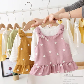 

Child Bow Cute Suit Spring Baby Girls Long Sleeve Sweet Dotted 2pcs Princess Dress + T-shirt Suit Kids