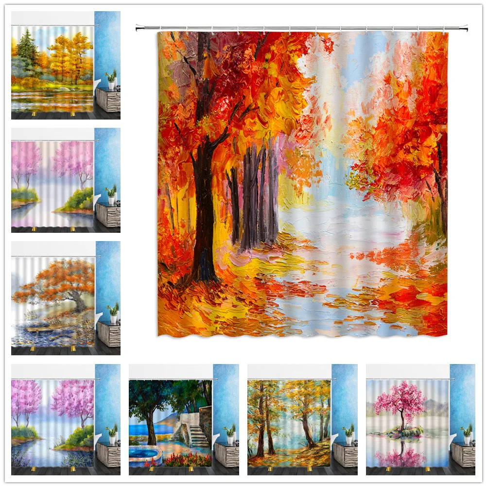 

Landscape Shower Curtains Painting Four Seasons Forest Trees Scenery 3D Bathroom Home Decor Waterproof Polyester Cloth Curtain