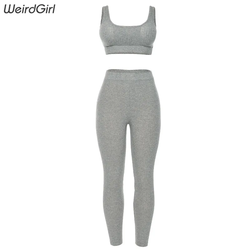 Weirdgirl/женские комплекты из 2 предметов, спортивный костюм для фитнеса, винтажный эластичный Топ на бретелях с подушечками, длинные леггинсы с высокой талией, повседневная спортивная одежда, новинка - Color: Gray