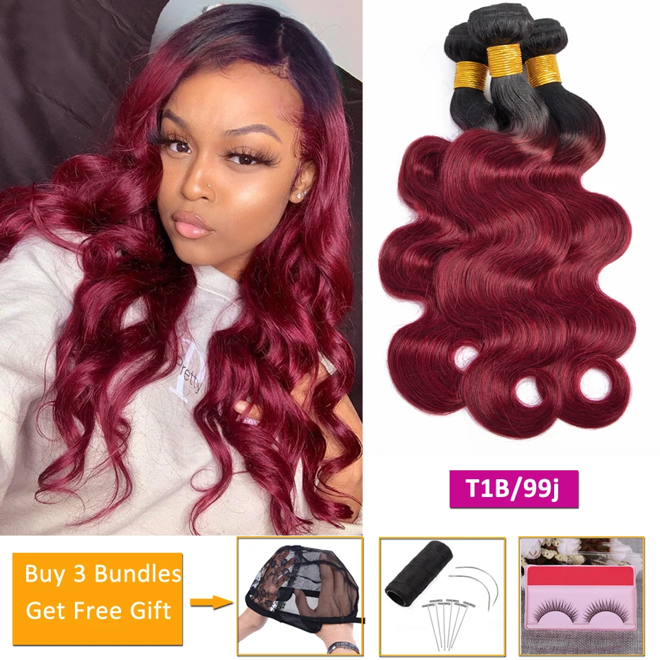 

T1b/99j Red Burgundy body wave bundles ombre human hair 3 bundles deals non-remy hair extensions Brazilian hair weave bundles
