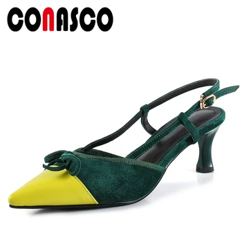 

CONASCO 2020 Summer Fashion Concise Casual Women cow Leather Sandals Pumps Mixed Colors Butterfly-knot high Heels Shoes Woman