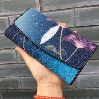 

Authentic Real Stingray Skin Female Long Flower Trifold Wallet Genuine Leather Lady Large Clutch Purse Women's Card Holders