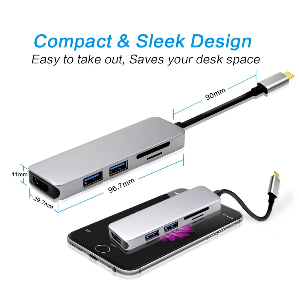 Горячая Распродажа: 5 в 1 Тип с разъемами типа C и USB-C HDMI USB3.0 USB C адаптер для MacBook samsung Galaxy S9/S8 huawei P20 Pro Тип C/USB/SD/TF концентратор карт
