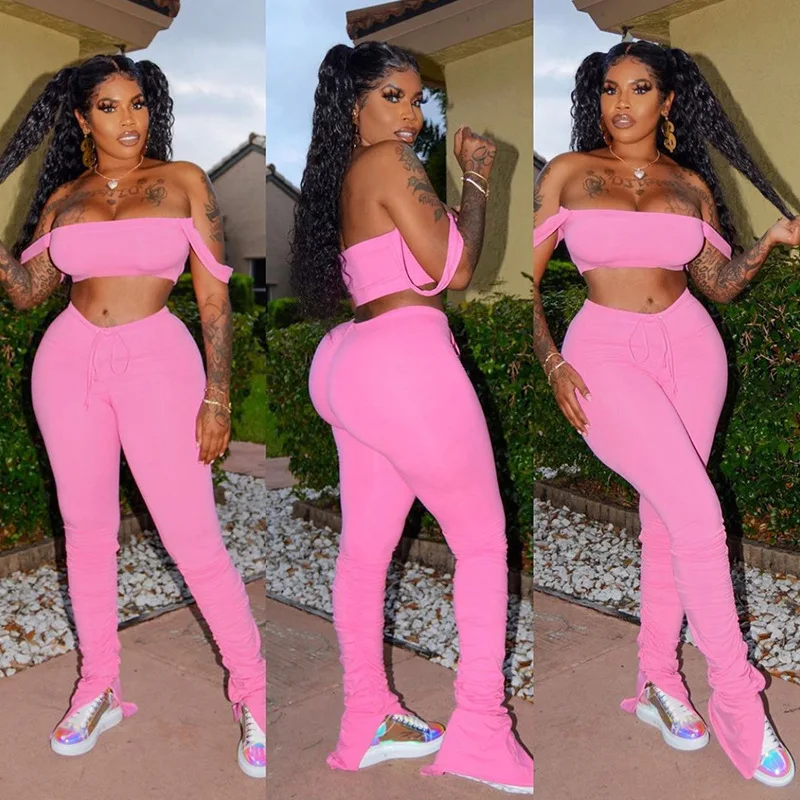

2020 Women Tracksuit Streetwear 2PCS Sets Sexy Solid Off Shoulder Crop Tops High Waist Pants Fashion Casual Sport Bodycon