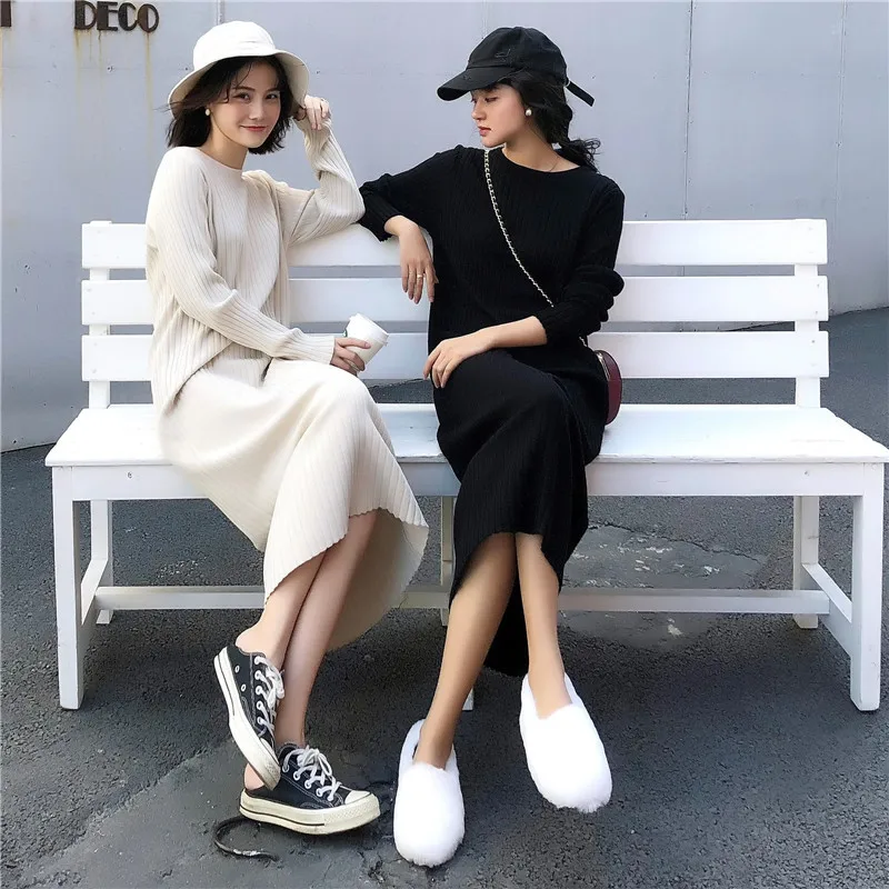 

Sweater Dress Women Long Sleeve O Neck Pleated Straight Loose Knitwear Pullover Women Long Dresses Plus Size Vestidos