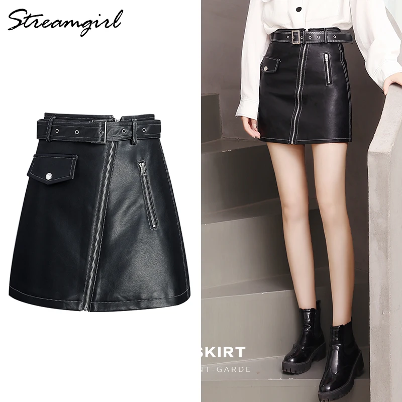 Online Falda corta de cuero negro para mujer Streamgirl con cremallera en la parte delantera para mujer PU Faux Leather A Line faldas para mujer falda negra de cuero