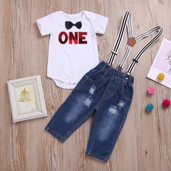 

2020 Cross-boundary Special for children's Wear Summer New Boys Short-sleeved Monogram Khaki Holes Jeans Overalls Fashion