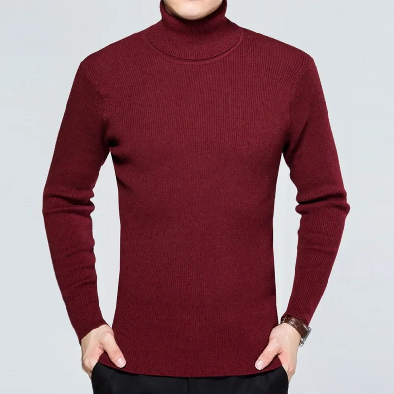 B wine red Свитер, новинка, Осень-зима, мужской свитер, водолазка, Одноцветный, Повседневный свитер, мужской, приталенный, брендовый, вязанный, пуловеры - Цвет: B wine red