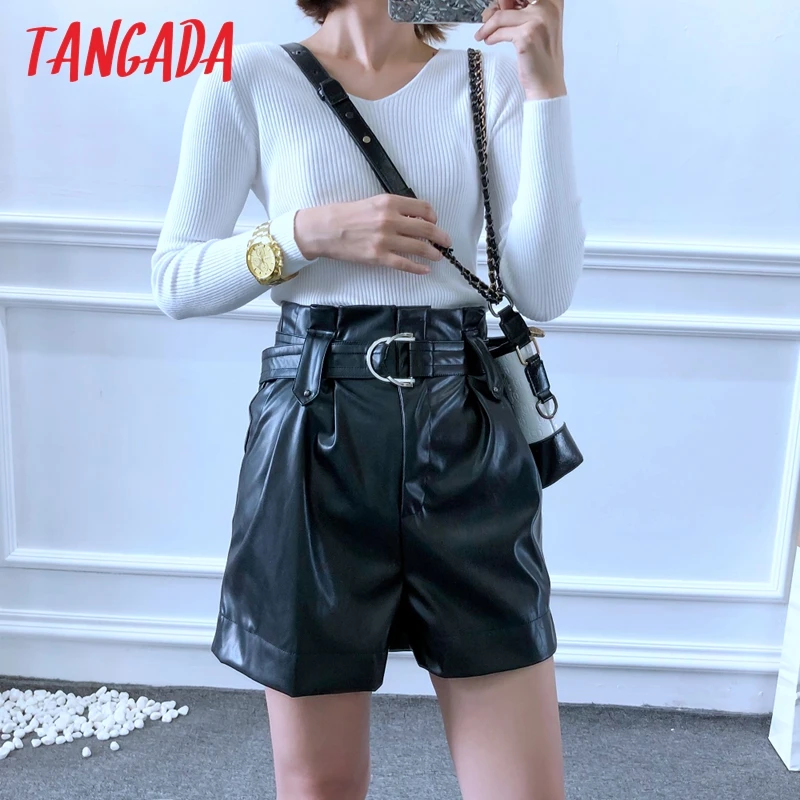 Tangada Модные женские черные кожаные шорты с поясом, шорты с высокой талией, офисные женские зимние шорты 6A03