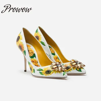 

Prowow New Genuine Leather Sexy Pointed Toe High Heel Pumps Sling Back Crystal Floral Pumps Shoes Women
