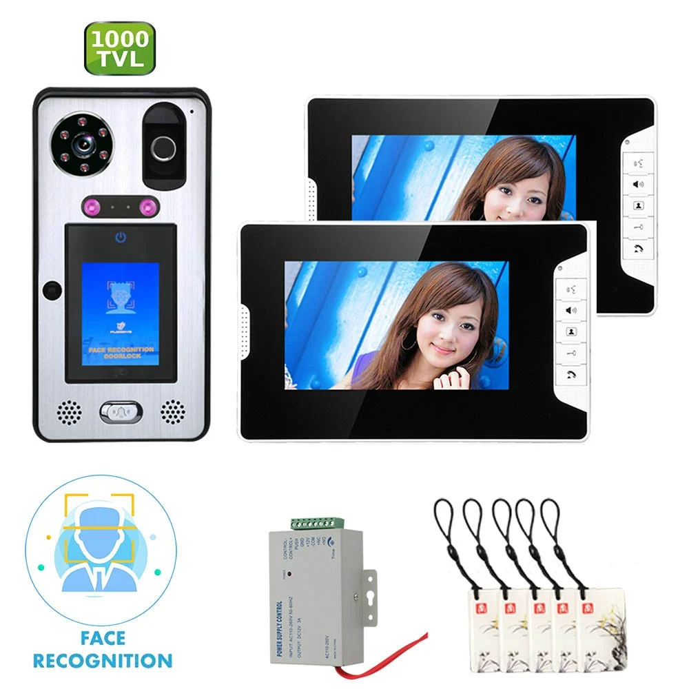 7 inch 2 Monitor Video Door Phone Doorbell Intercom System with Face Recognition Fingerprint RFIC Wired 1000TVL Camera