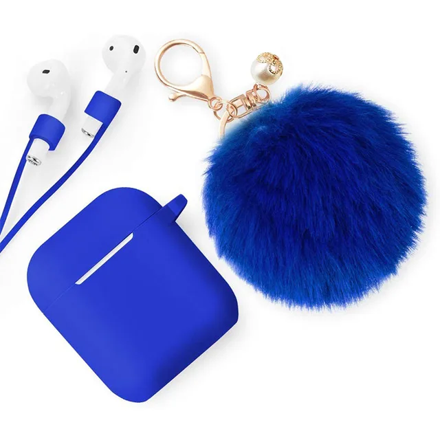 Protective Case multi colors with lost-proof and Keychain hooks lovely hair ball Silicone Bluetooth Earphone For airpods 1 2 1 2blue